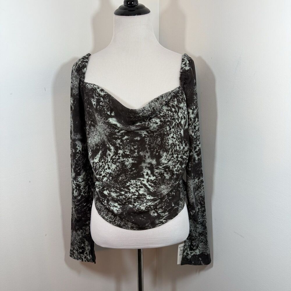 Open Edit Nordstrom Blouse Top M Cowl Neck Smocked Long Sleeve Teal Brown NWT$59